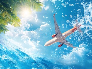 飞机翱翔于碧海蓝天之间