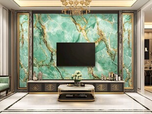 奢华绿玉石客厅电视背景墙