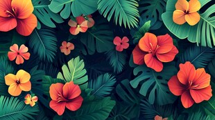 热带花卉绿叶繁茂图案