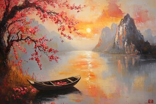 夕阳下的湖畔孤舟与繁花
