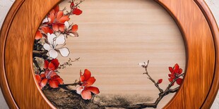 中式圆框手绘花卉装饰画