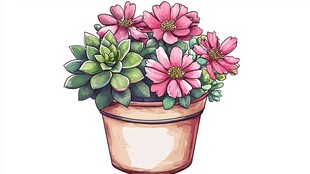 手绘花盆中的多肉与鲜花