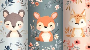 可爱动物花卉图案插画