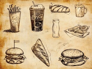 手绘复古风西式快餐美食