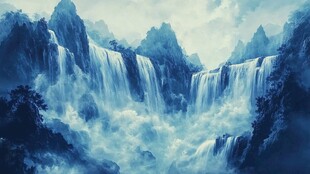 梦幻蓝色山水瀑布景观