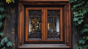 复古雕花木质双开窗户