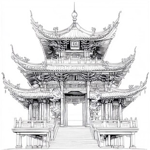 中式古亭建筑线稿图