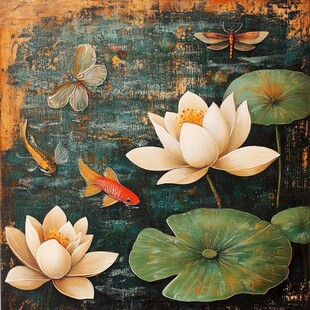 荷塘生趣 鱼蝶共舞