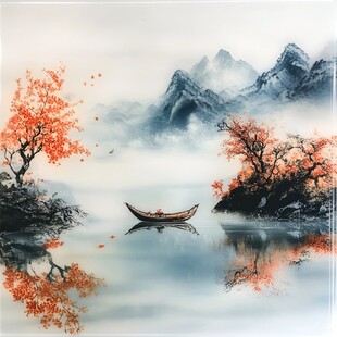 秋江孤舟山水写意画