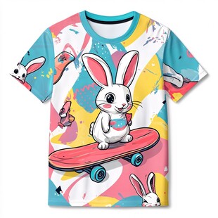 卡通兔子滑板印花T恤