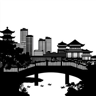 中式城市桥景剪影