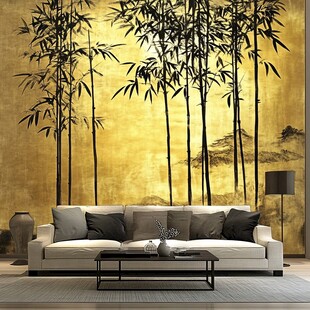 金色竹影中式客厅背景墙
