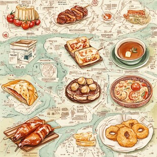 手绘美食地图上的多样佳肴