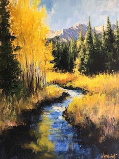 秋日溪边山林油画美景