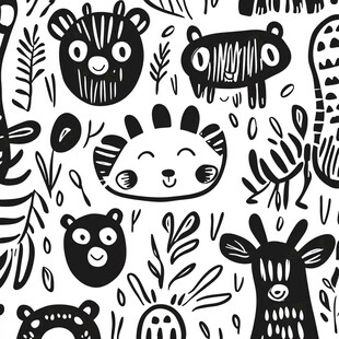 黑白卡通动物植物无缝图案