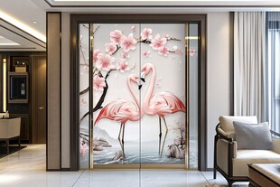 粉色火烈鸟与梅花玄关壁画