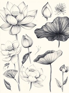黑白手绘荷花元素集合