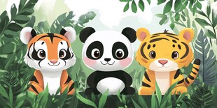 森林中的熊猫与老虎萌宠