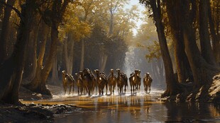 秋日林间驼队悠然前行