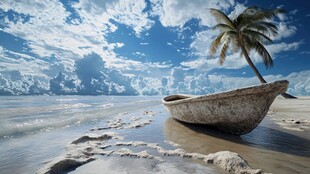 海滩孤舟与椰树的静谧景致