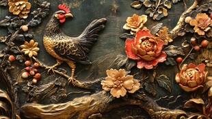 公鸡花卉木雕装饰艺术