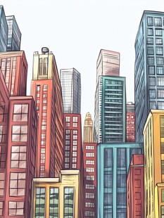 多彩手绘风格的高楼大厦