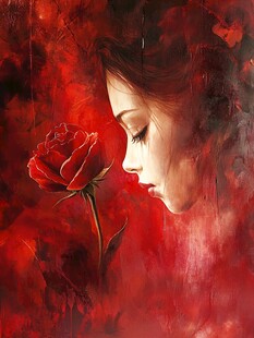 红玫瑰旁的沉思少女