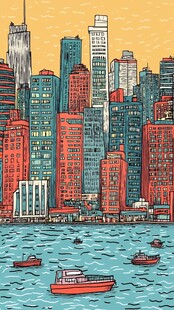 城市滨水风光手绘插画