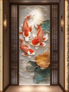 中式玄关处的锦鲤艺术壁画