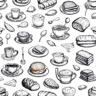 手绘咖啡与烘焙美食图案