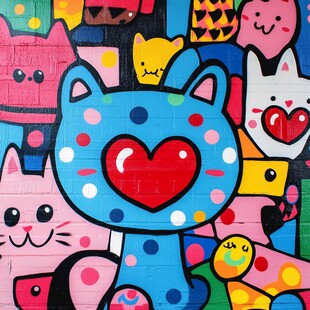 多彩萌猫墙绘艺术作品