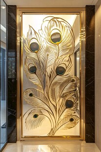 金色孔雀羽毛艺术玻璃隔断