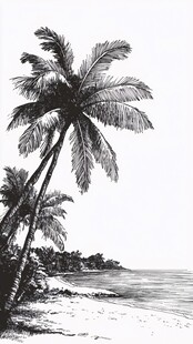 黑白手绘海边椰子树风景