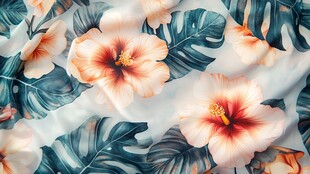 热带花卉绿叶印花布料