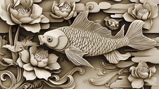 中式浮雕锦鲤荷花装饰图