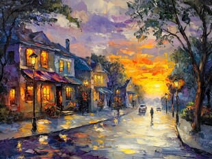 黄昏小镇的浪漫雨后街景