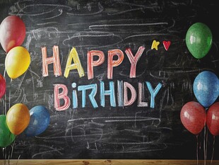 黑板上的欢乐生日气球场景