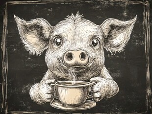 小猪惬意享热饮