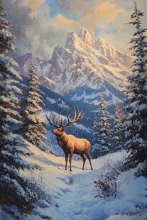 雪中山林的麋鹿