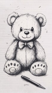 手绘可爱小熊与钢笔