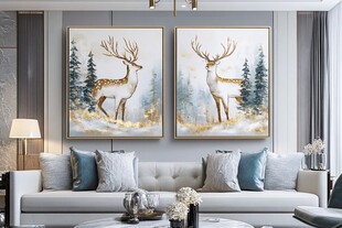 北欧风客厅双鹿挂画装饰