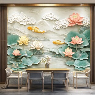 中式荷花锦鲤浮雕背景墙