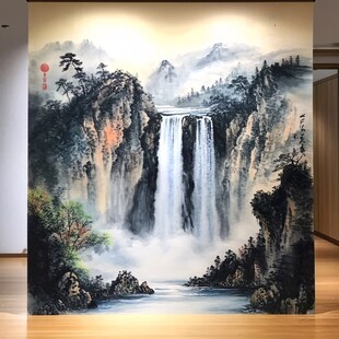 中式山水瀑布国画艺术图