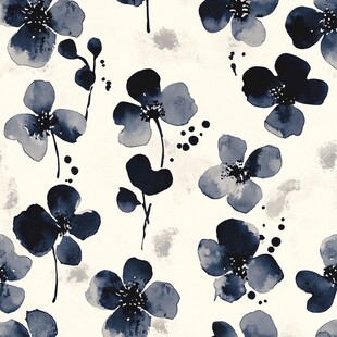 蓝墨花卉水彩无缝图案