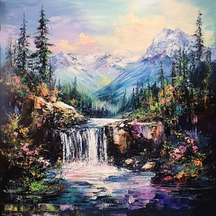 山间瀑布旁的绚丽森林景观