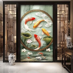 中式玄关九鱼图玉石壁画