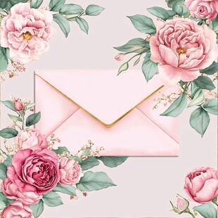 粉色花卉环绕的优雅信封