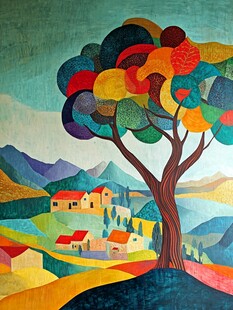 多彩乡村之树与山间景致