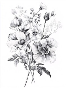 黑白花卉手绘插画