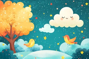 梦幻夜空下的树鸟云景